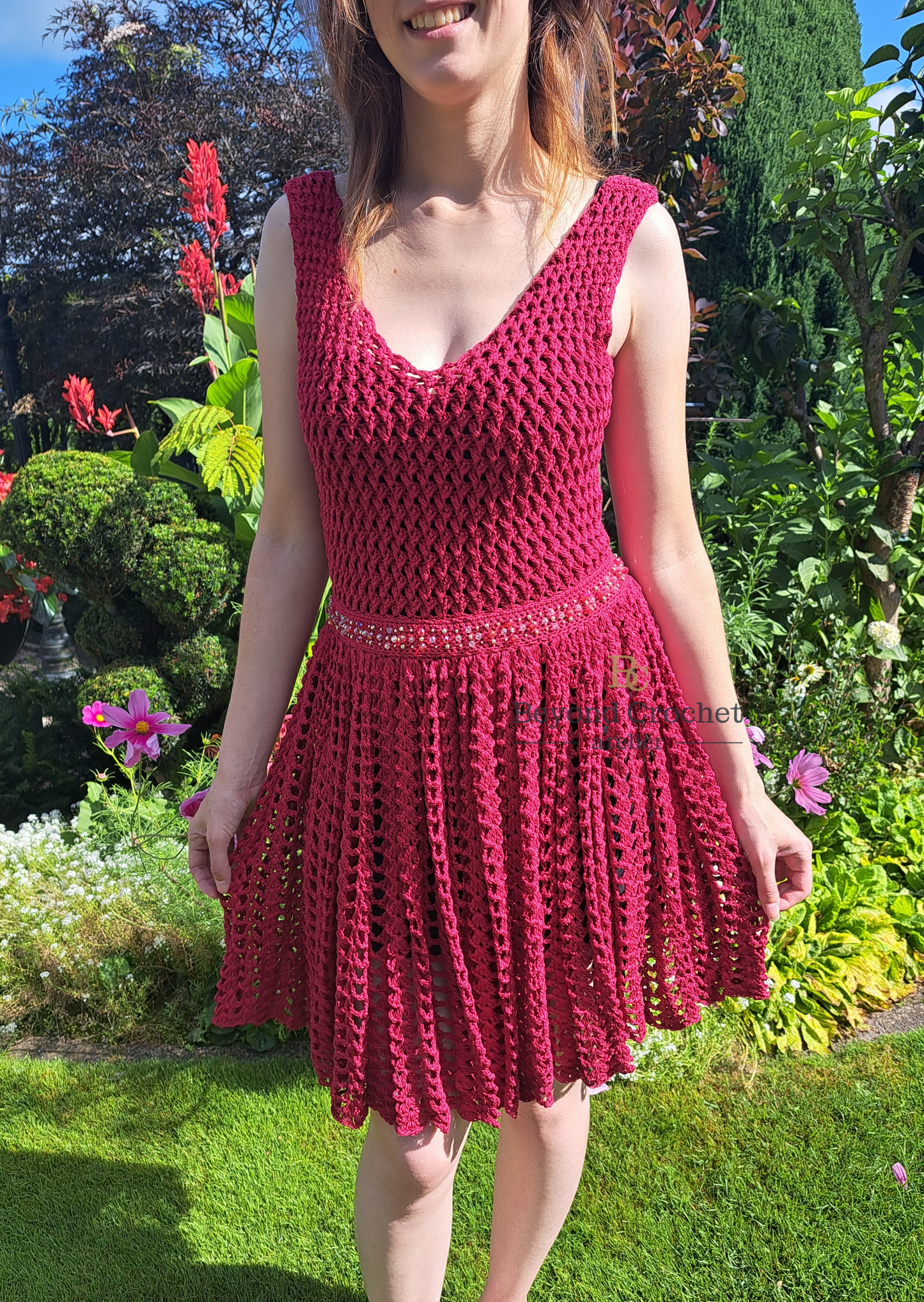 Crochet pattern for crochet summer crochet dress. Made with structured crochet stitches, handmade crochet wedding dress. Adjustable length and colour. The crochet belt is decorated with beads. Crochet pattern.