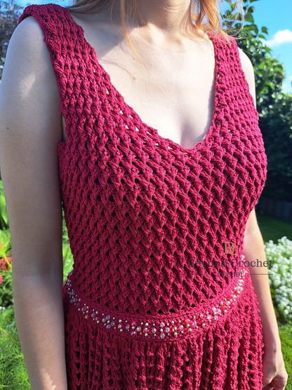 Crochet pattern for crochet summer crochet dress. Made with structured crochet stitches, handmade crochet wedding dress. Adjustable length and colour. The crochet belt is decorated with beads. Crochet pattern.